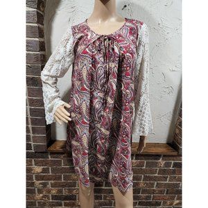 Umgee Womens Red Paisley Boho Tunic Dress Top Size Small Lace Bell Sleeves